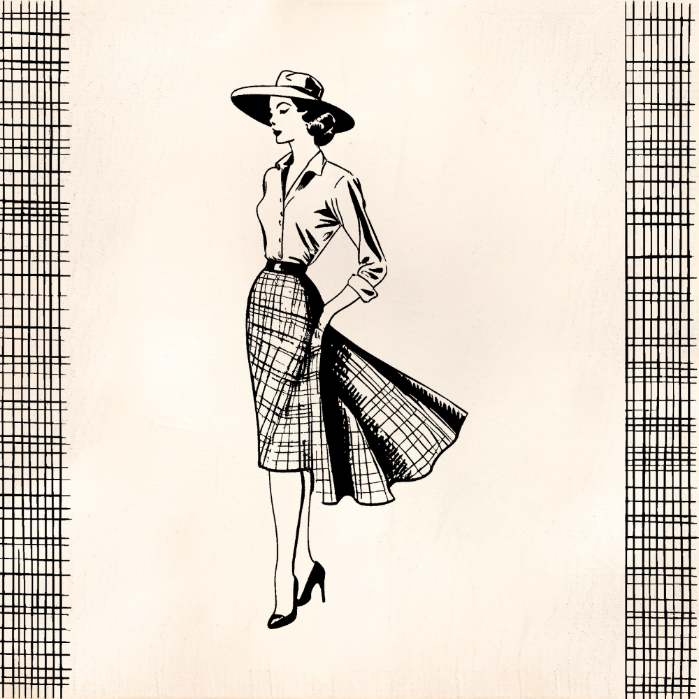 Sketch of a woman showing off a plaid skirt