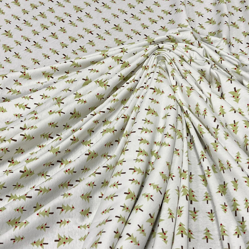 Cotton rib knit featuring a small formal print of Christmas trees
