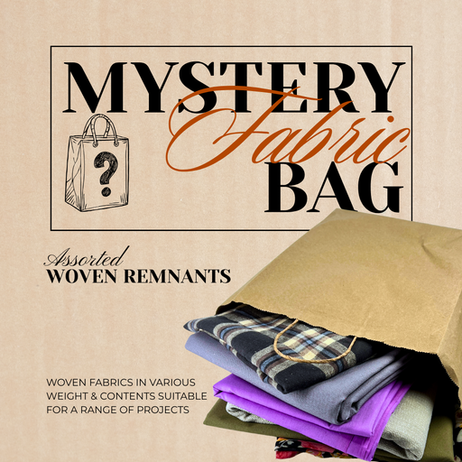 Promotional image for a mystery fabric bag with woven remnants, featuring text and a cardboard bag with fabrics peeking out.