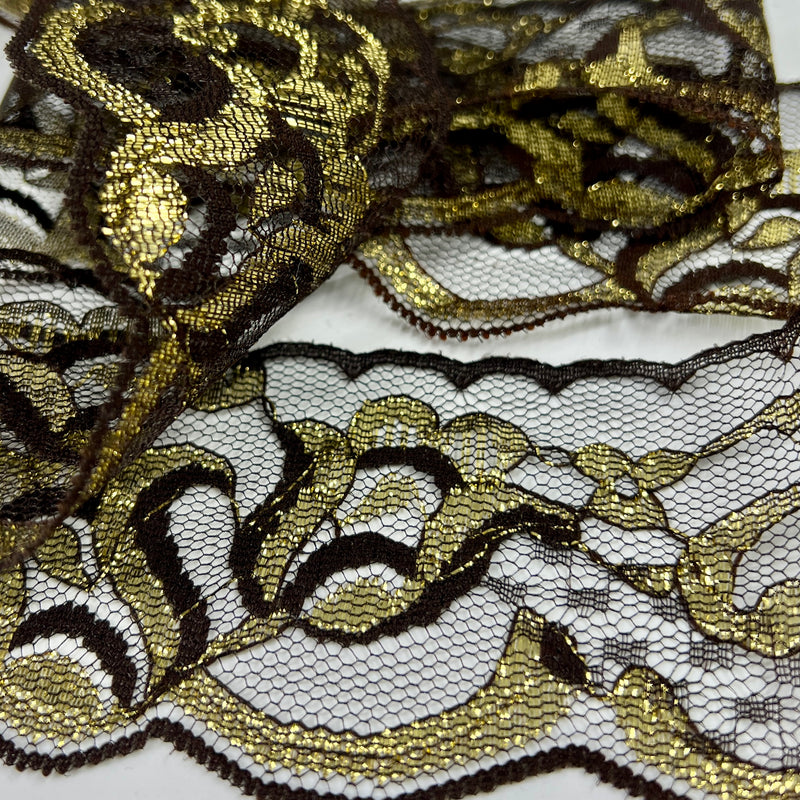 Brown and Gold Metallic Accented Lace Trim Closeup