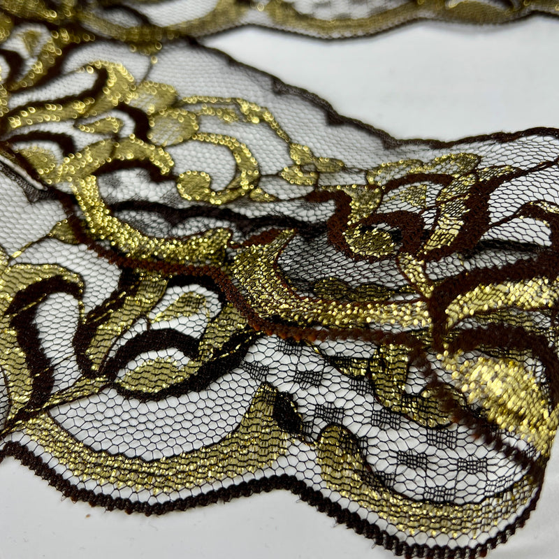 Brown and Gold Metallic Accented Lace Trim Folded to Show Both Sides