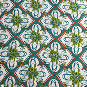 Patterned velour fabric with green and blue floral design on a white background