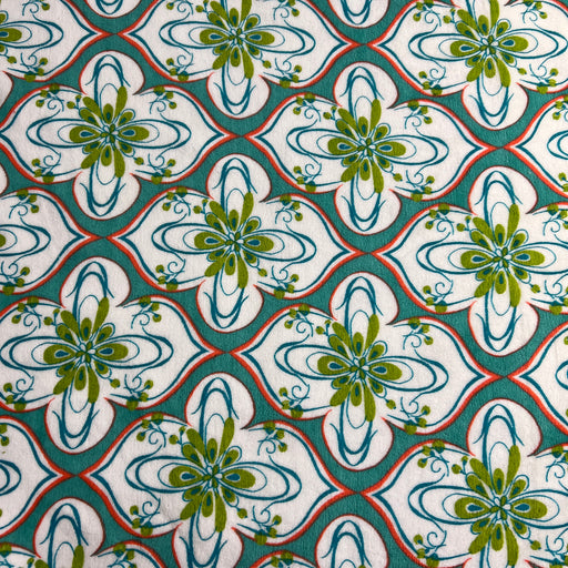 Patterned velour fabric with green and blue floral design on a white background
