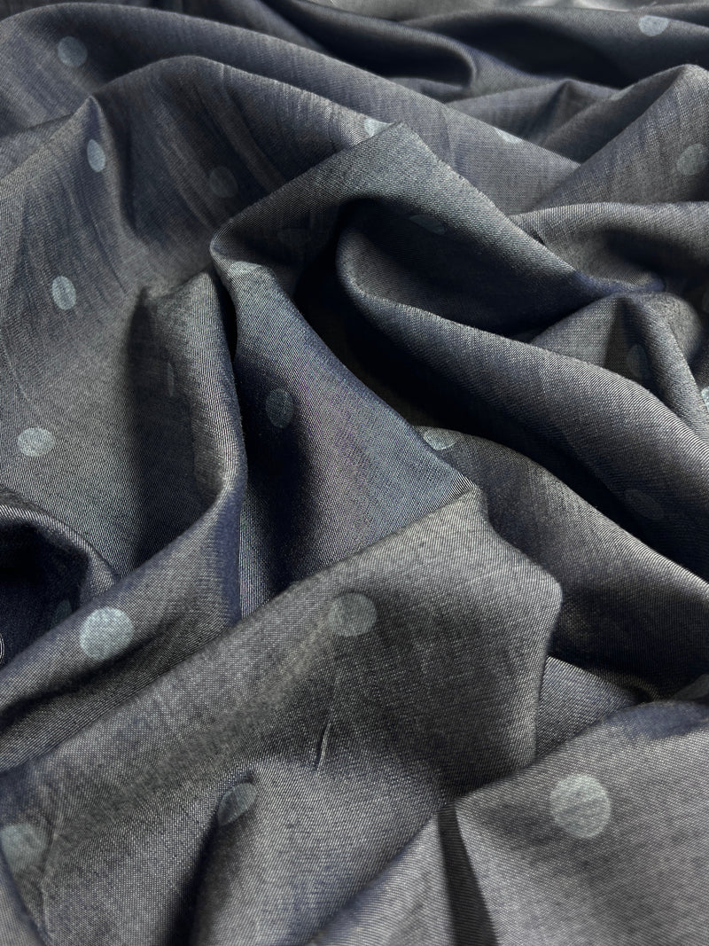 Dark Indigo Tencel Denim - Polka Dot Printed Tencel Denim 