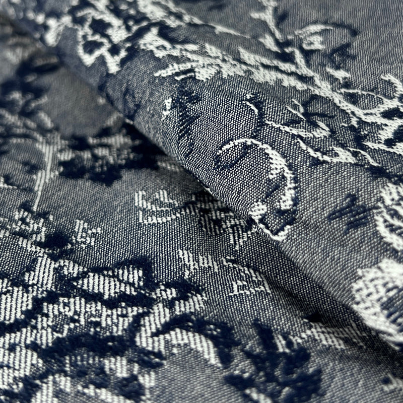 Navy Floral Jacquard Stretch Chambray - 56" Roll End