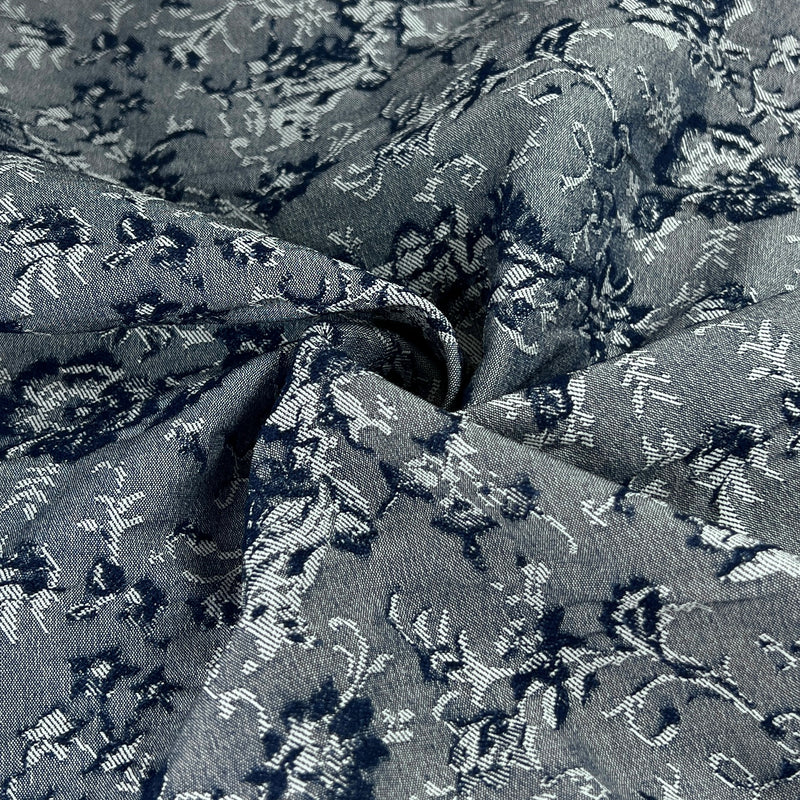 Navy Floral Jacquard Stretch Chambray - 56" Roll End