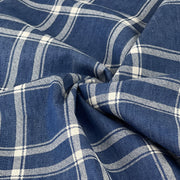 Close-up of blue and white plaid lightweight chambray denim