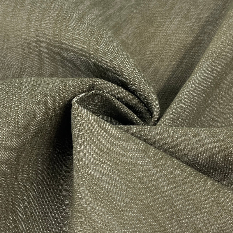 Closeup of olive green lightweight stretch denim with high spandex content