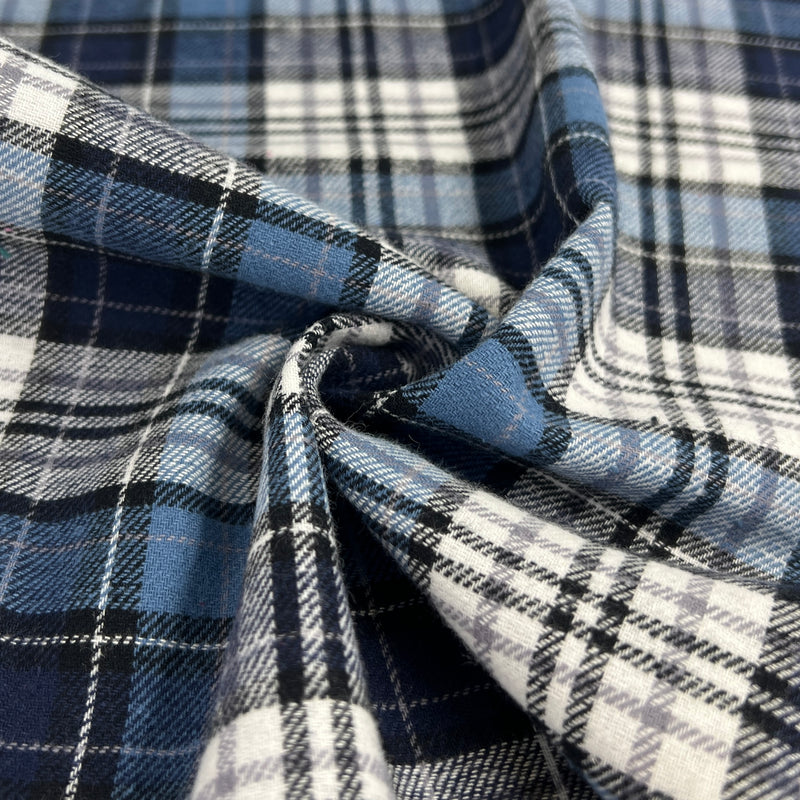 Yarn-Dyed 100% Cotton Broken-Twill Flannel Shirting - Navy & Grey Tartan | SKU 8050