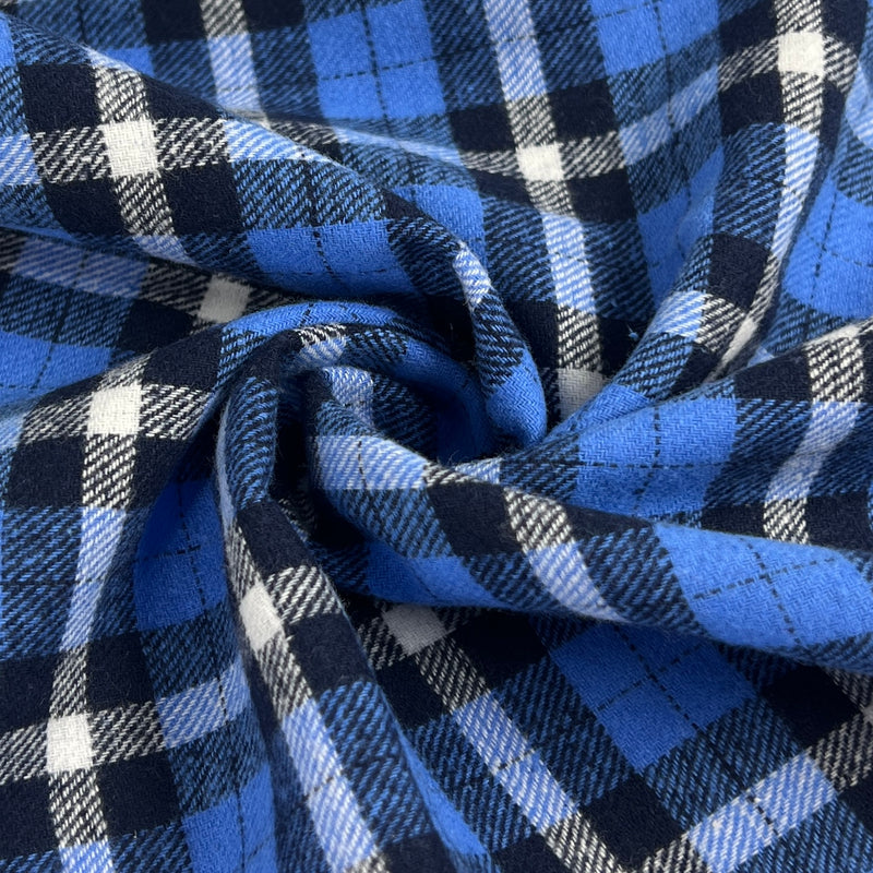 Yarn-Dyed 100% Cotton Twill Flannel Shirting - Blue & White Tartan | SKU 8050