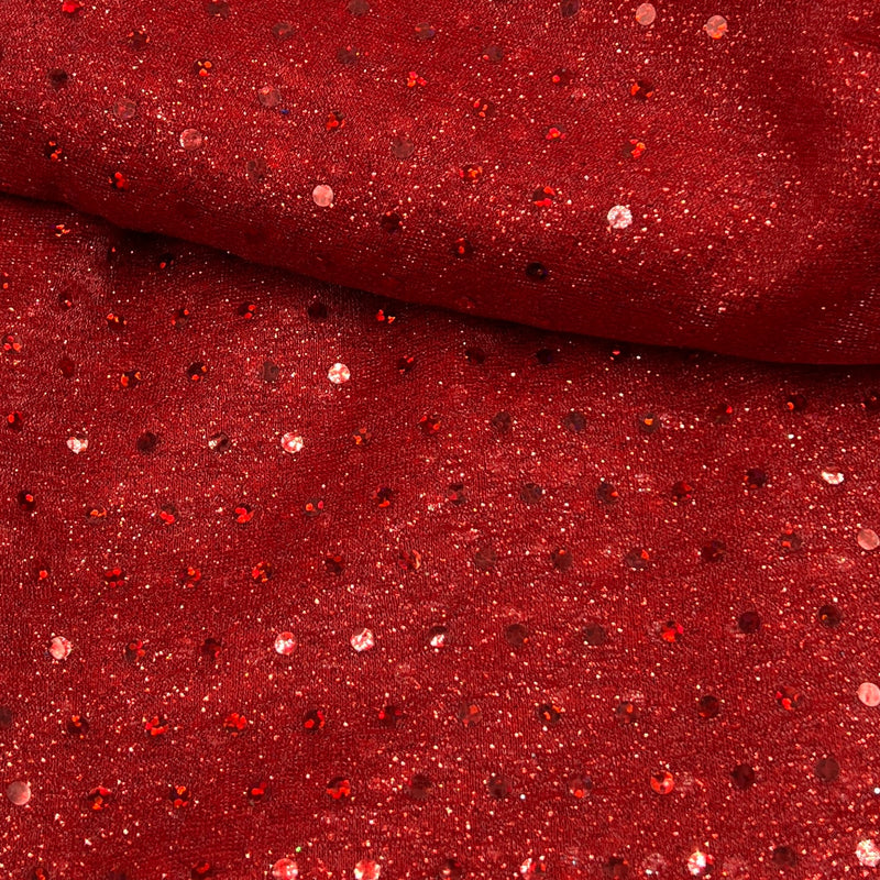 Ruby Red Glitter & Sequin Dusted Lightweight Polyester Jersey - Project Ready Pieces