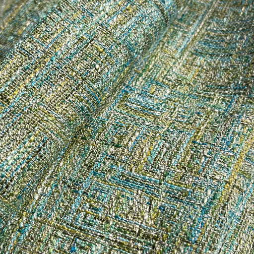 Green blue and yellow loose slub woven home decor fabric. 