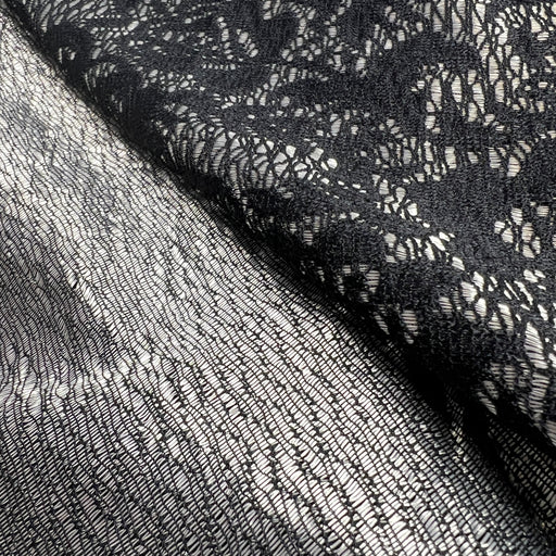 Close-up of black lace fabric with a subtle pattern on a plain background
