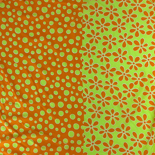 Two patterns side by side on a green background: polka dots and floral shapes.