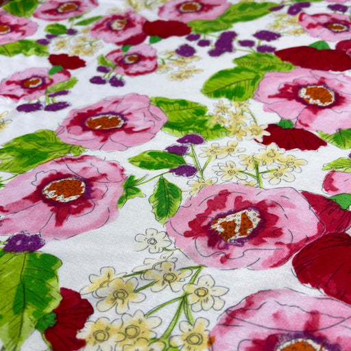 Floral pattern with pink and red flowers on a white background