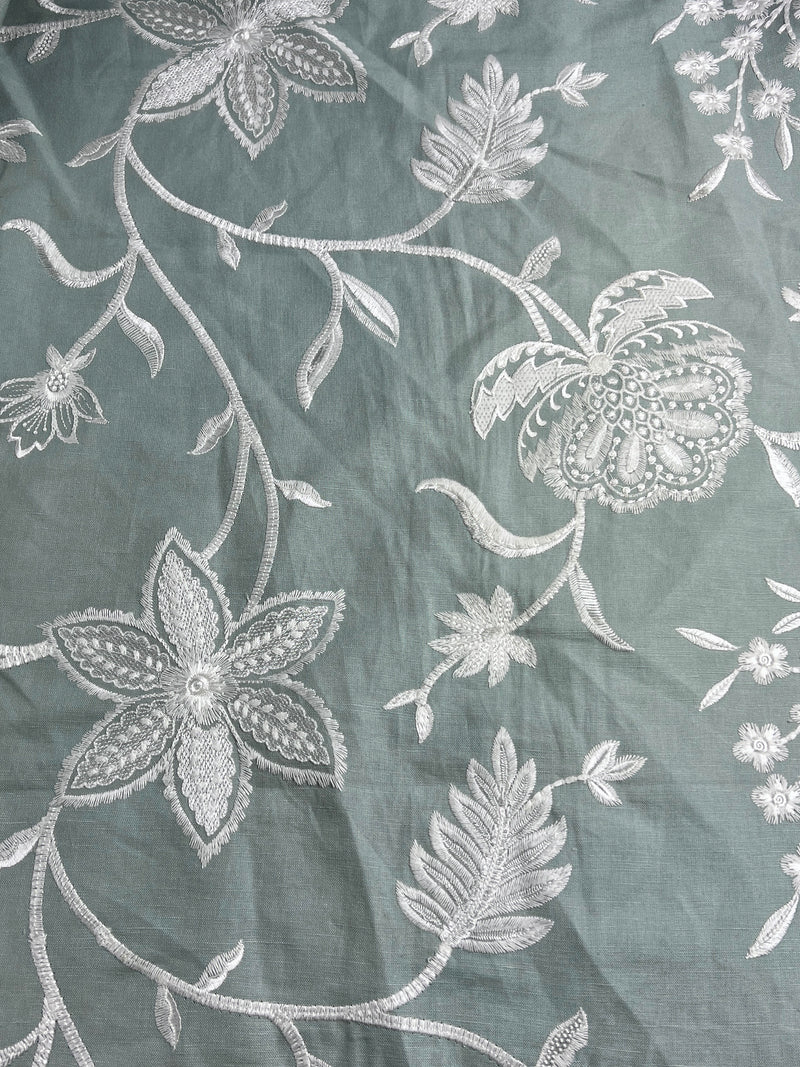 Jacobean Botanical Embroidery on Sage Linen - 8 Yards