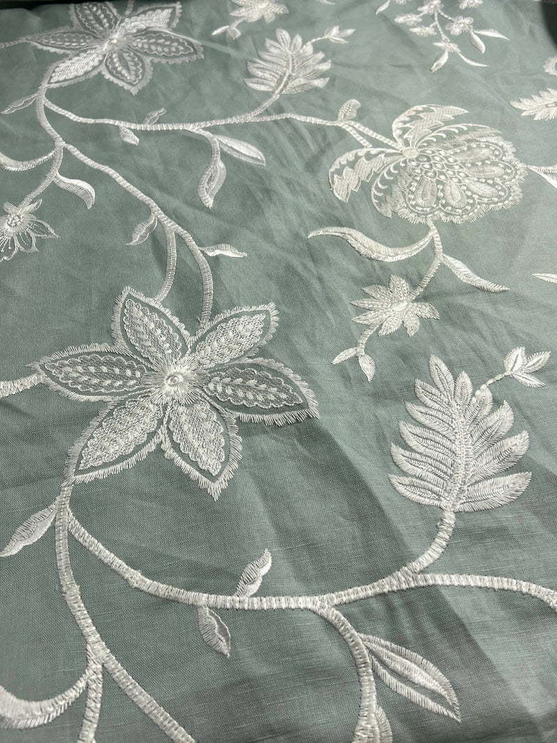 Jacobean Botanical Embroidery on Sage Linen - 8 Yards