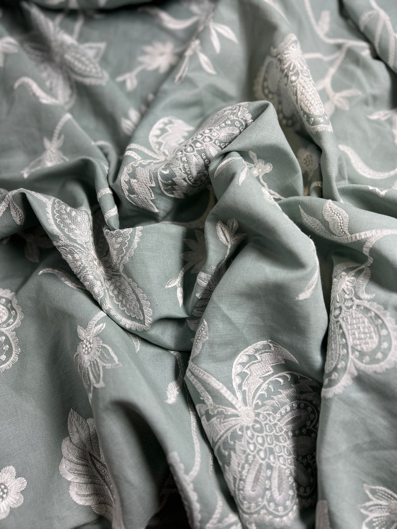 Jacobean Botanical Embroidery on Sage Linen - 8 Yards