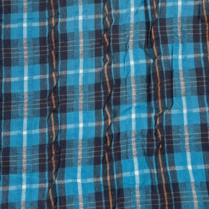 Turquoise & Orange Cotton Seersucker Plaid Shirting Fabric