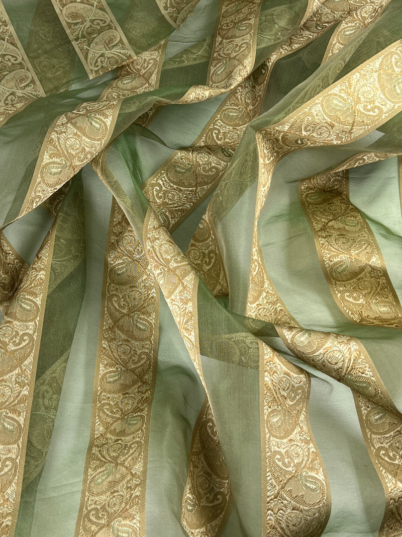 Embroidered Silk Organza - Sage Green & Gold - 7-Yard Bolt