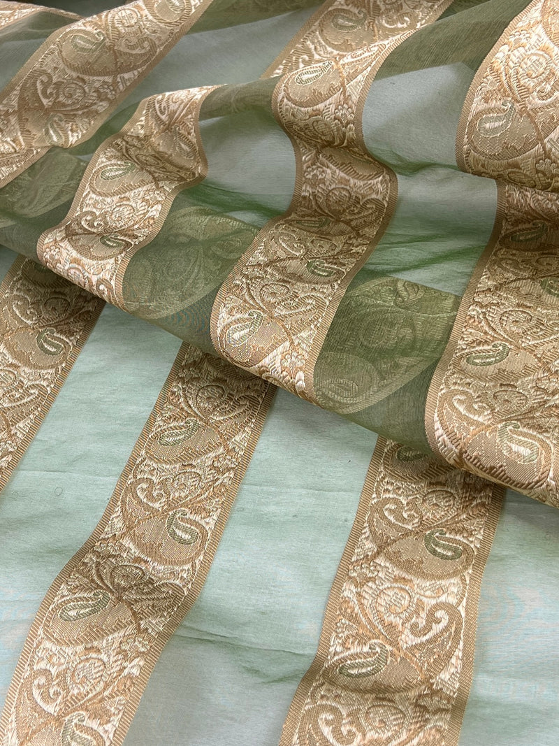 Embroidered Silk Organza - Sage Green & Gold - 7-Yard Bolt