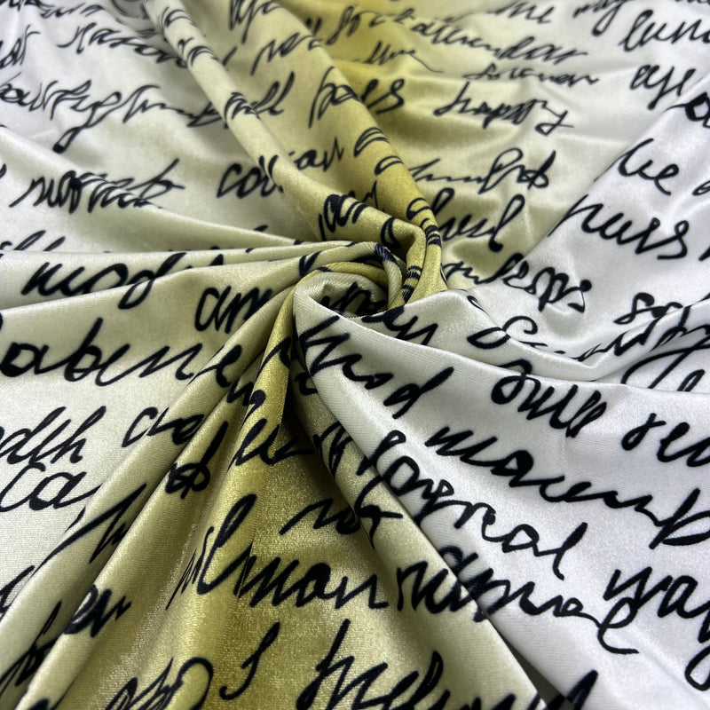 Poly/Spandex Stretch Velour - White & Avocado Gradient Cursive Print - 2-Yard Roll End