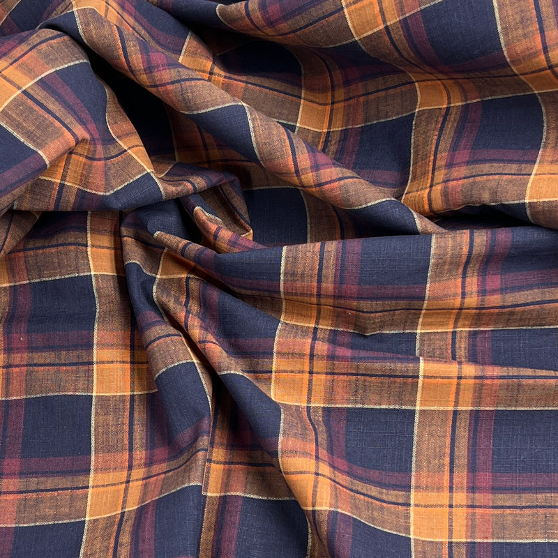 Cotton Crosshatch Shirting - Navy & Orange Plaid - 36" Roll End