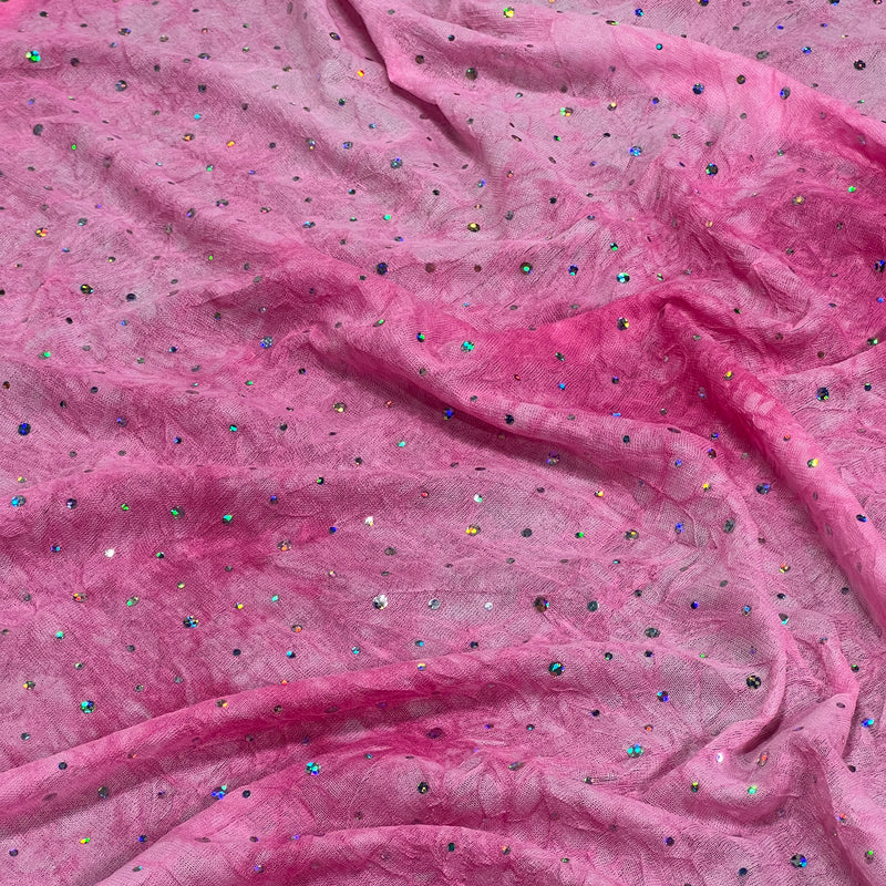Pink Tie-Dye Sheer Crinkle Mesh with Sequin - 108" Roll End