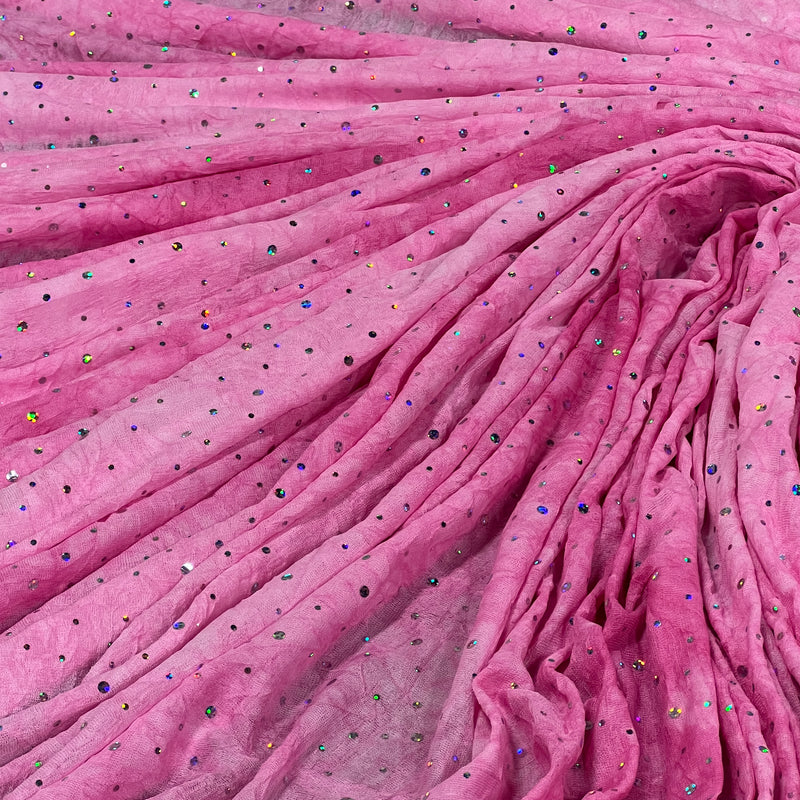 Pink Tie-Dye Sheer Crinkle Mesh with Sequin - 108" Roll End