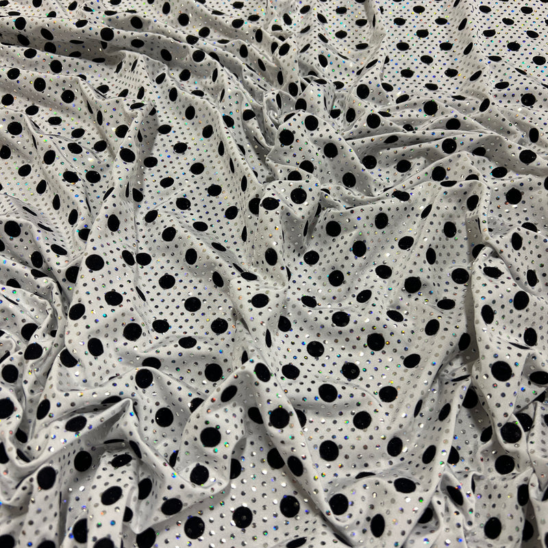 White Jersey with Flocked Spots and Foil Sequin - Poly/Lycra, 60" Wide - 50" Roll End
