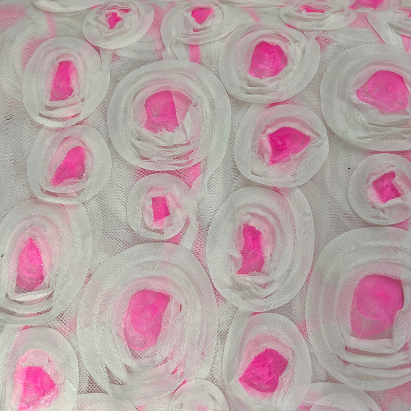 Pink & White Rosette Sheer Mesh - 100% Polyester, 48" Wide - 200" Roll End