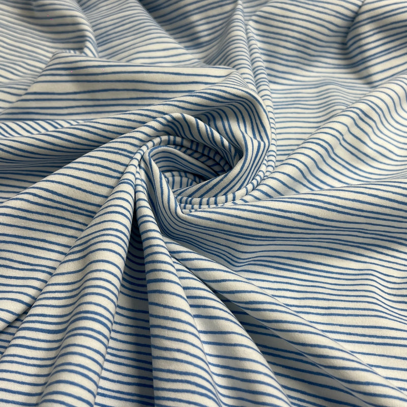 Blue & White Wavy Pinstripe Print Bamboo/Cotton Jersey - 2-Yard Roll End