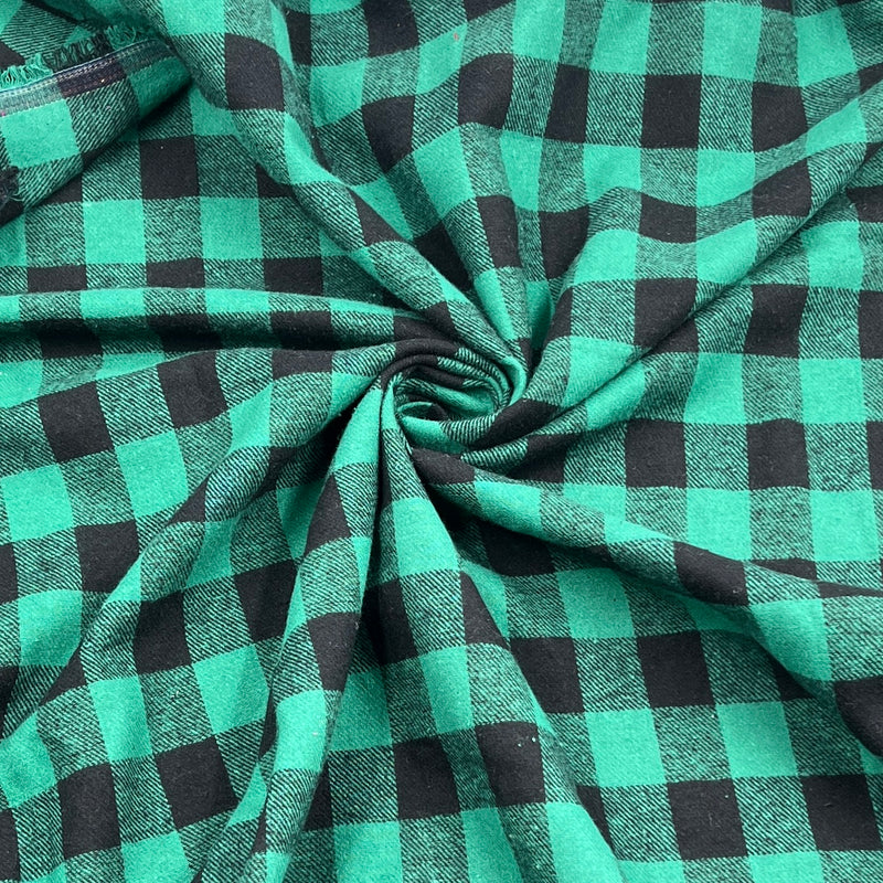 Black & Green Flannel Shirting - 100% Cotton, 58" Wide, 3/4" Buffalo Check - 42" Roll End