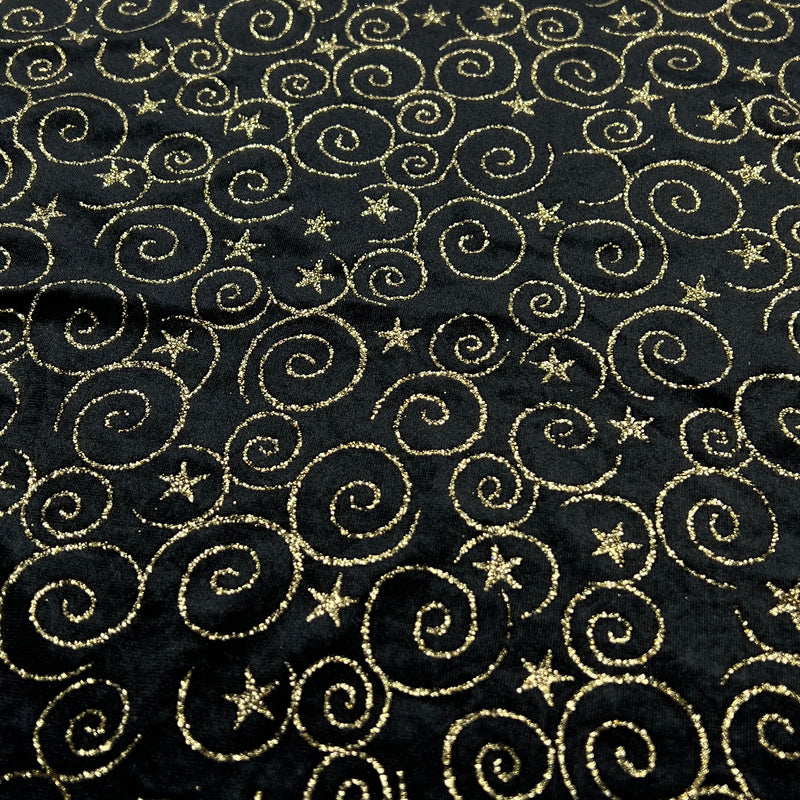 Polyester/Spandex Metallic Stretch Velour - Swirls & Stars | 7039 #S802