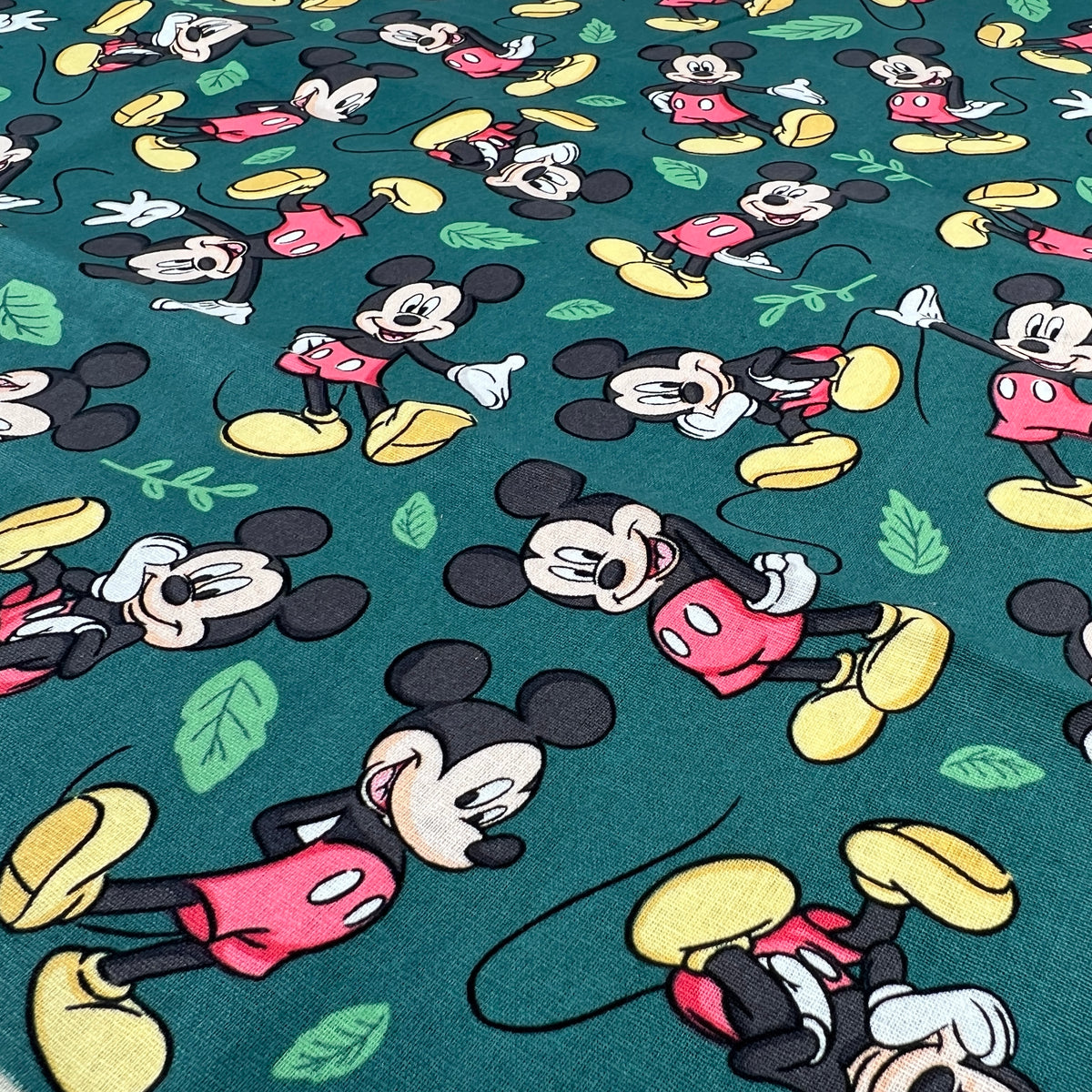 Disney Mickey Mouse Forest Green Cotton Fabric – Poses & Leaves Print ...