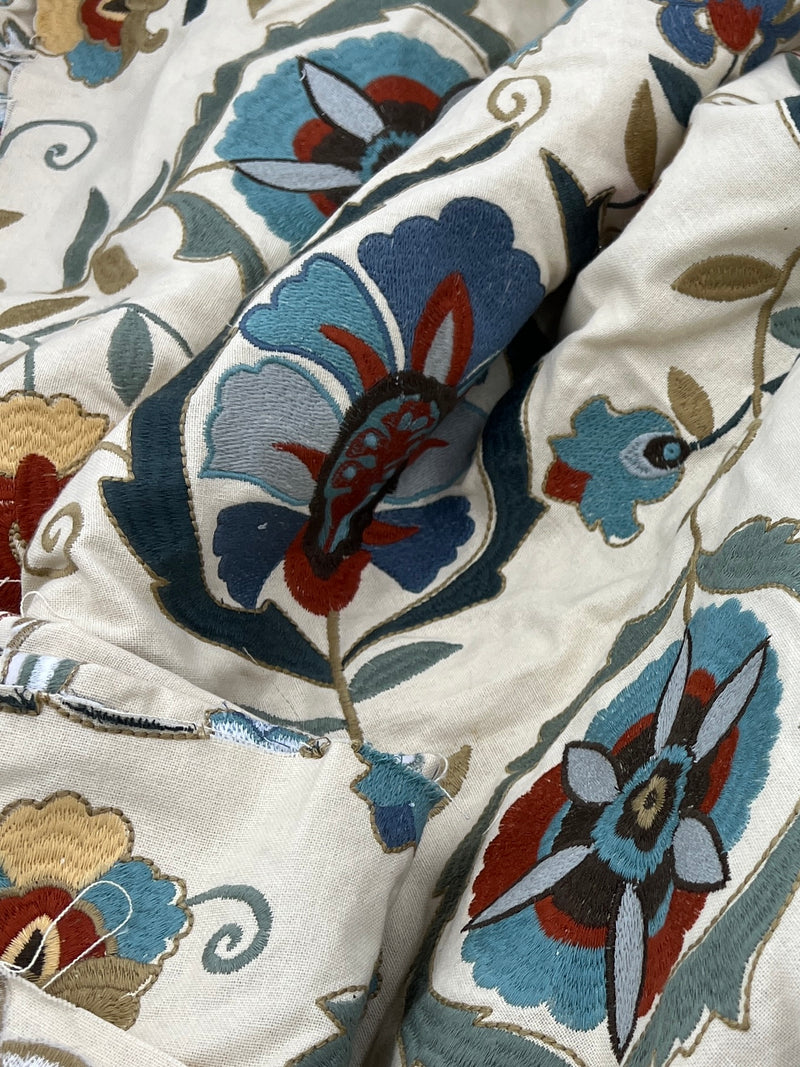 Close-up of embroidered fabric with floral patterns in blue, red, and beige on a white background.
