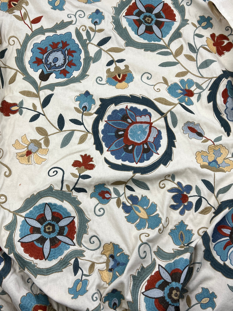 Close-up of a fabric with intricate floral pattern on a white background
