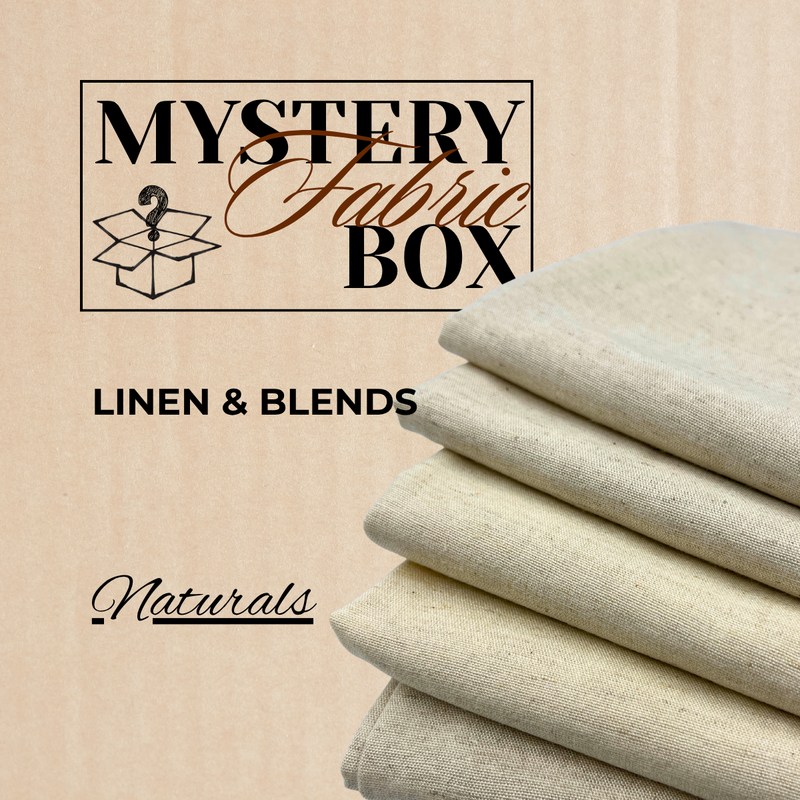 A promotional image for a mystery fabric box of unbleached and natural colored linens and linen blends available in four sizes