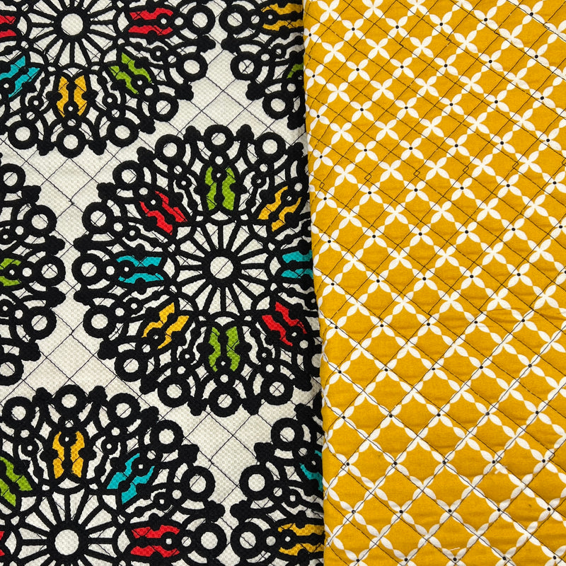 Medallion & Yellow Floral by Fabri-Quilt - Reversible Batted Pre-Quilt Cotton - "Made in America" - 110" Roll End
