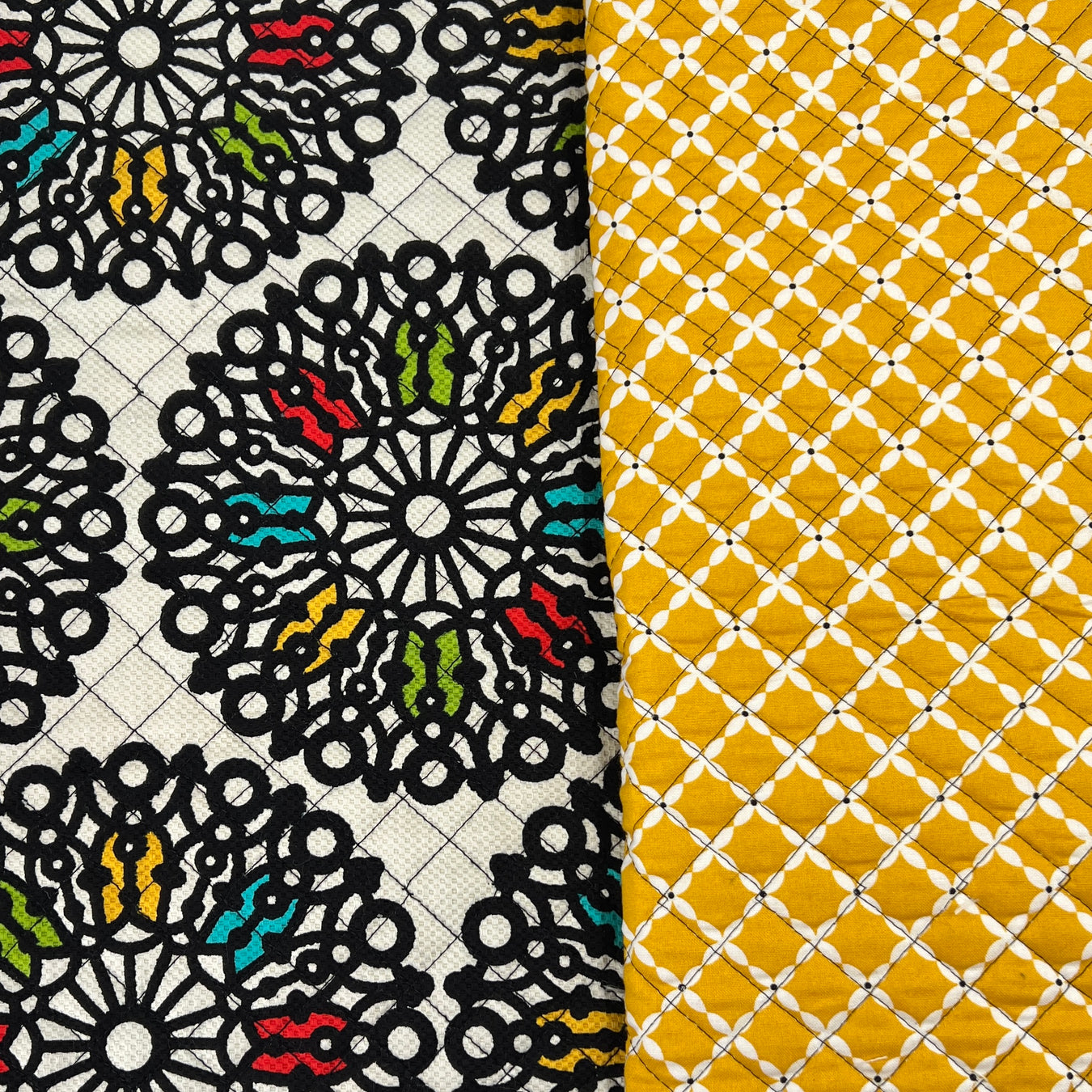 Medallion & Yellow Floral by Fabri-Quilt - Reversible Batted Pre-Quilt Cotton - "Made in America" - 110" Roll End