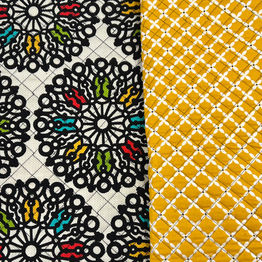 Medallion & Yellow Floral by Fabri-Quilt - Reversible Batted Pre-Quilt Cotton - "Made in America" - 110" Roll End