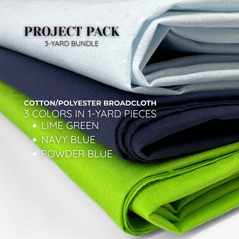 Project Pack: Cotton/Polyester Broadcloth Solids - 3 Yard Bundle | Lime, Powder Blue & Navy