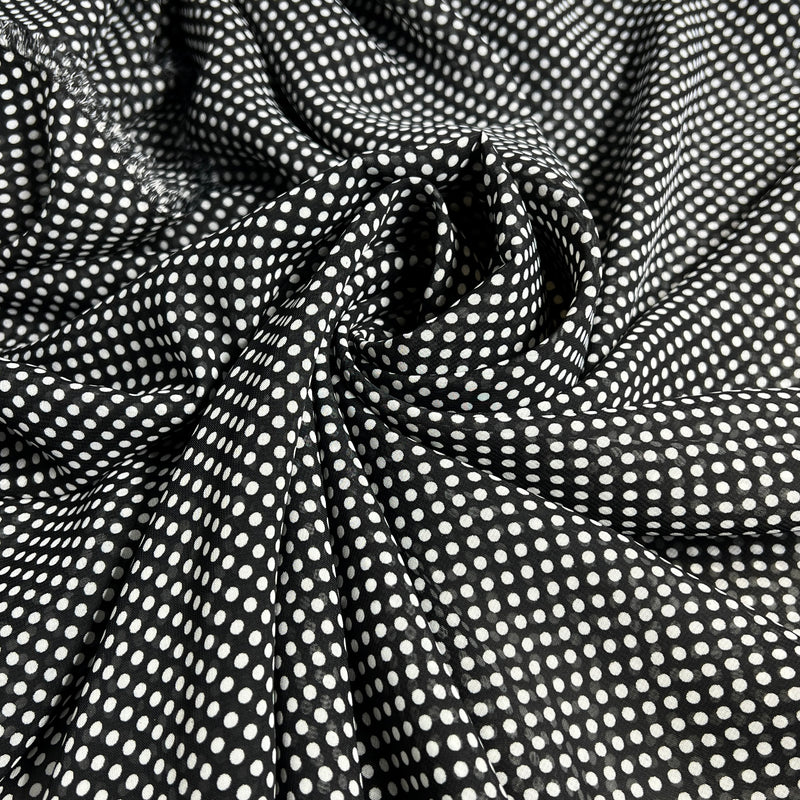 Black fabric with white polka dots