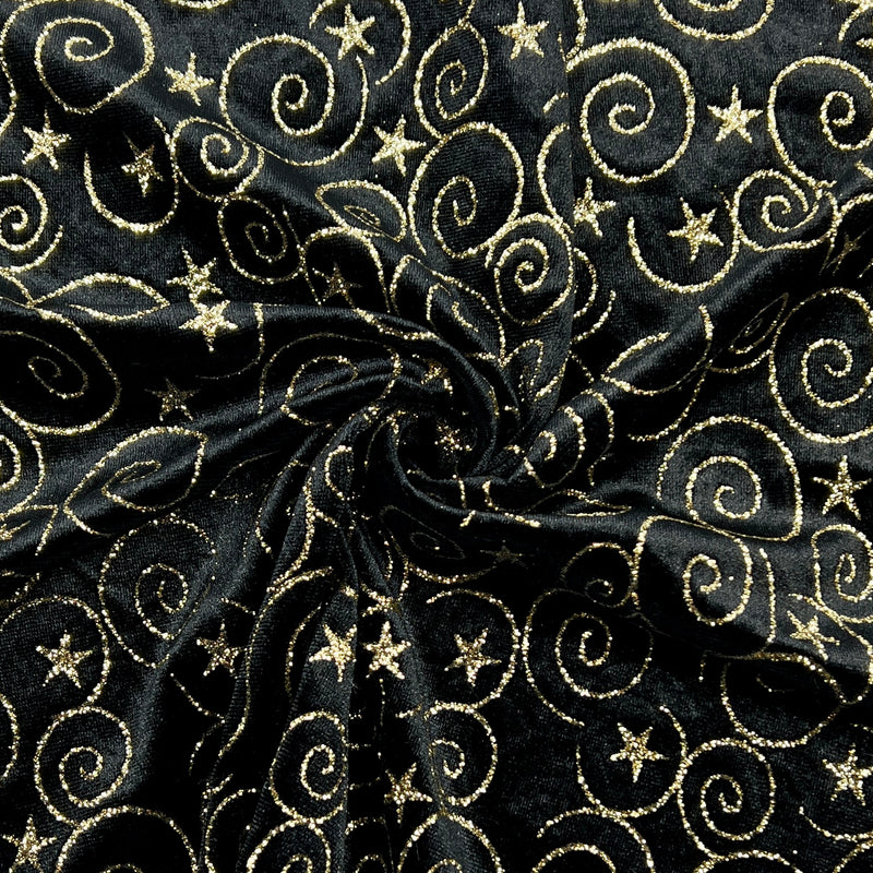 Polyester/Spandex Metallic Stretch Velour - Swirls & Stars | #U82
