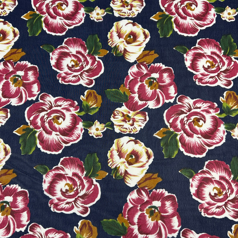 Floral pattern with pink and white flowers on a dark blue background