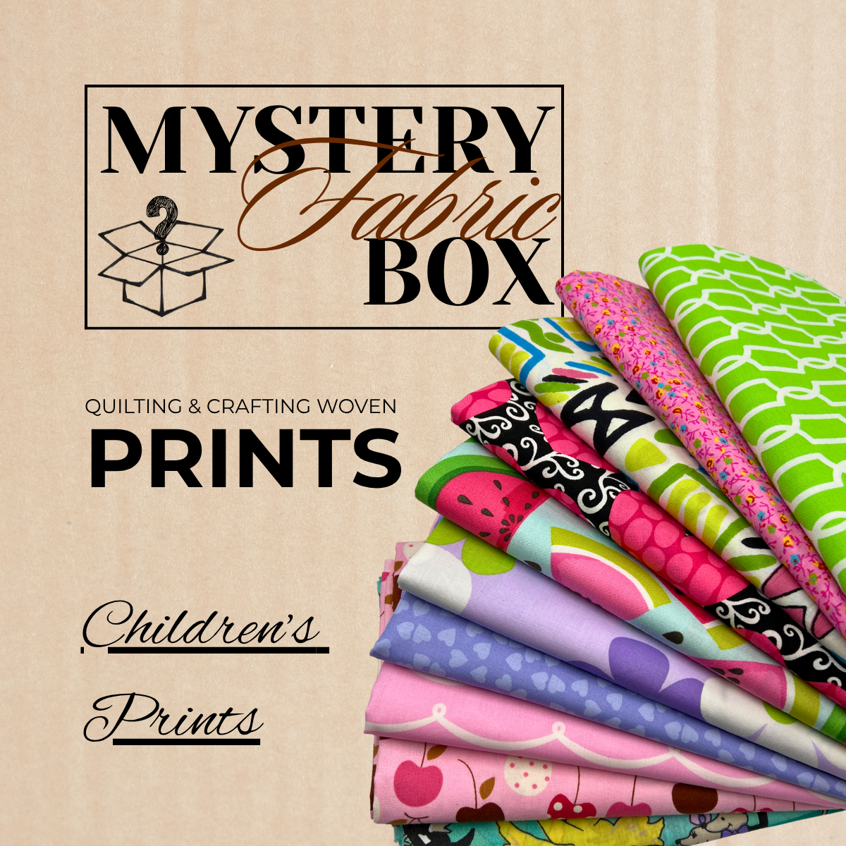A mystery fabric box for quilters and crafters containing woven fabrics featuring children's themed prints. 