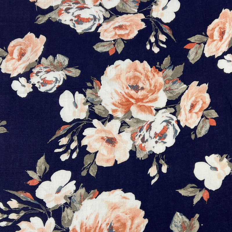 Floral pattern with pink and white flowers on a navy background