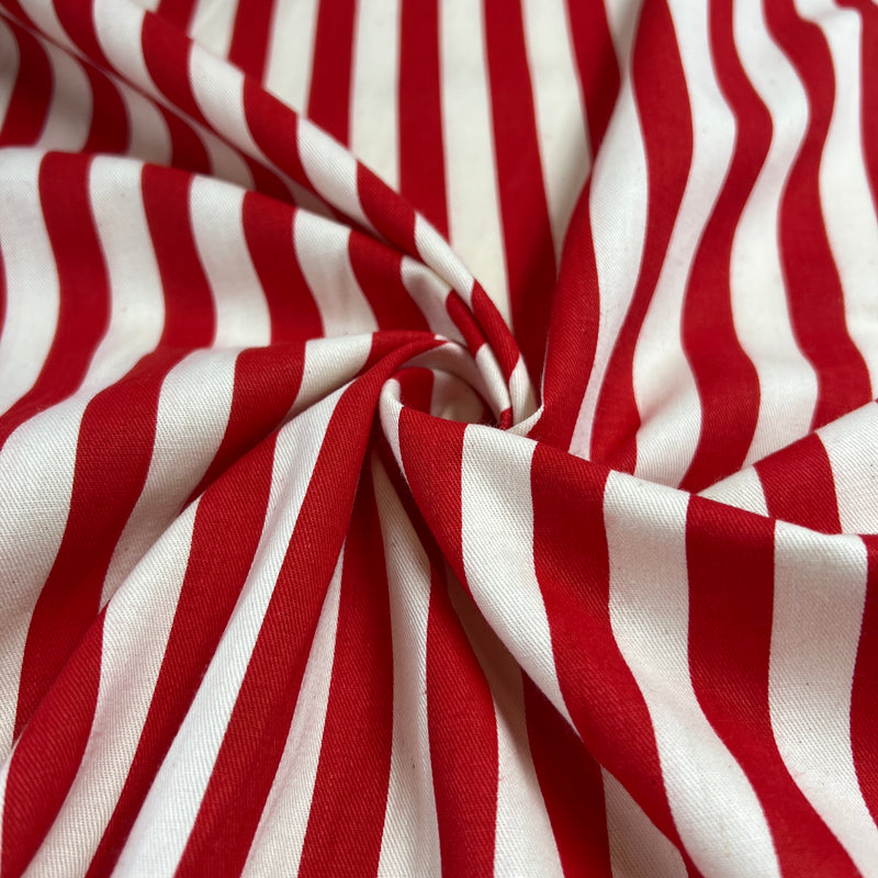 Red & Ivory 1/2" Stripe - Cotton Twill Print - 60" Roll End