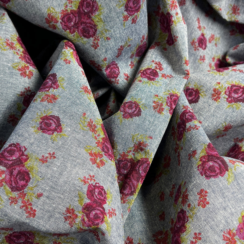 Rose Printed Indigo 100% Cotton Lightweight Chambray