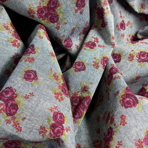 Rose Printed Indigo 100% Cotton Lightweight Chambray
